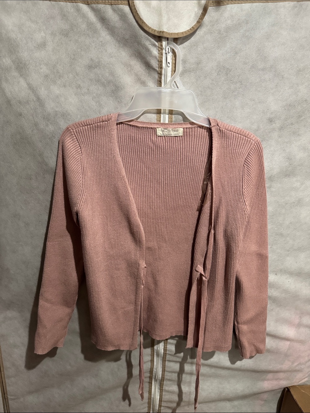 Ribbed Open-Front Cardigan with Tie in Dusty Pink